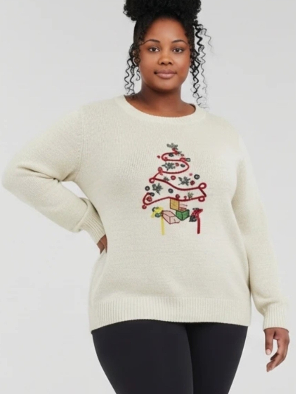 CJ Banks Cream Holiday Tree Embroidered Crewneck Sweater Womens Size 2X